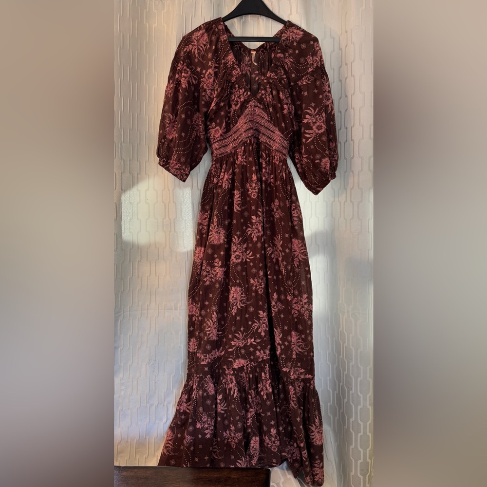 Free People Burgundy Floral Long Sleeve Maxi Dress